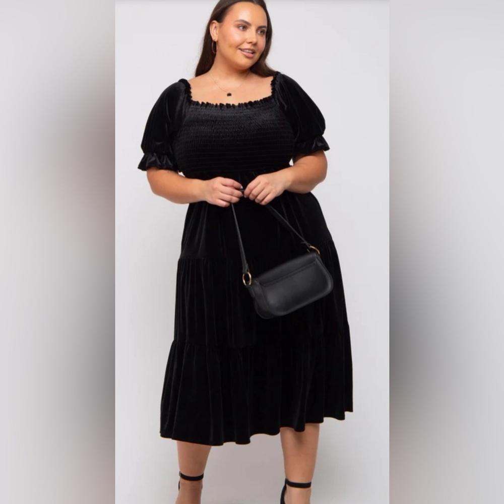 Pinkblush Maternity Black Velvet Tiered Midi Dress NWT